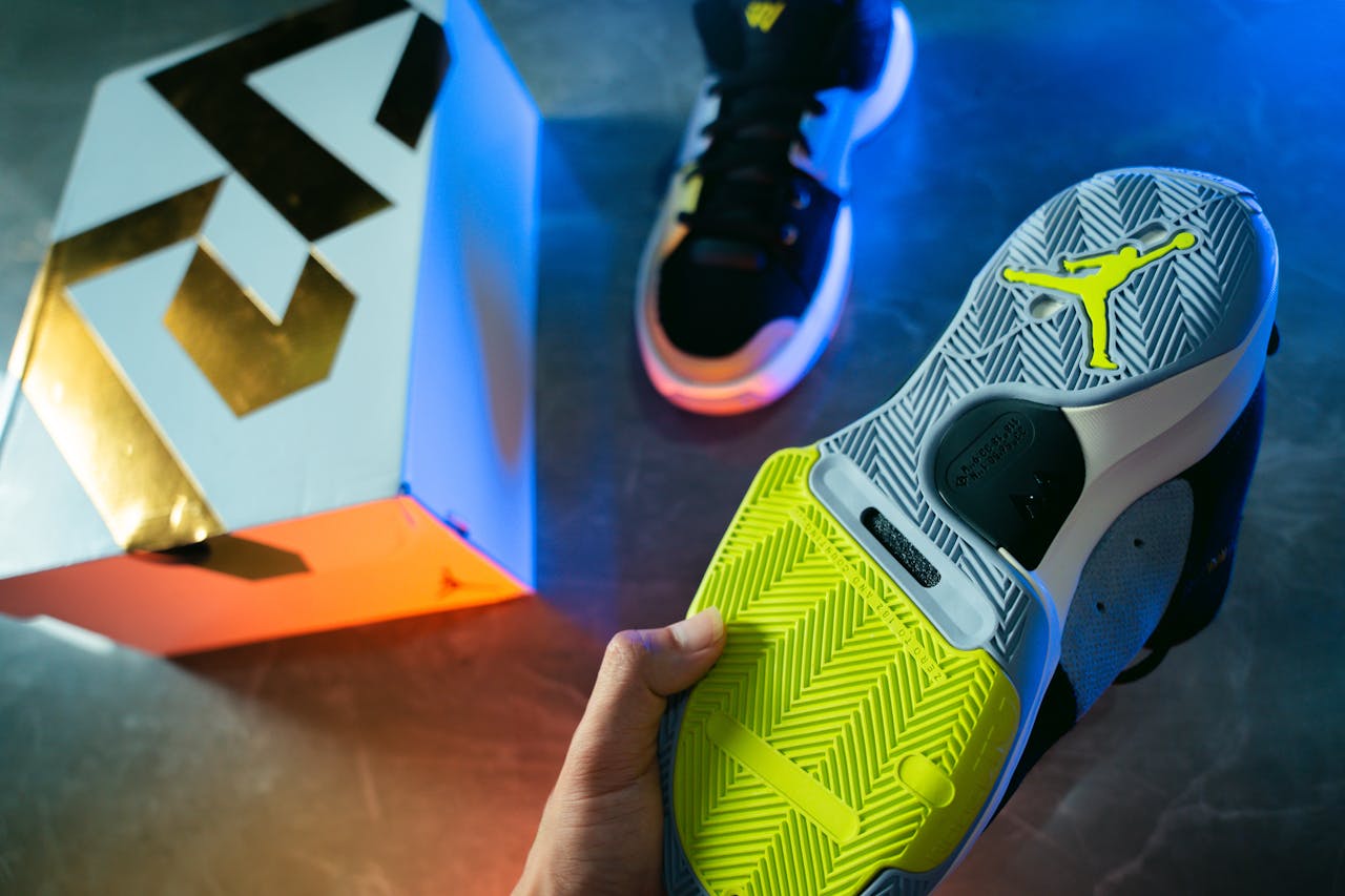 Creative display of athletic sneakers with innovative design and vibrant colors.